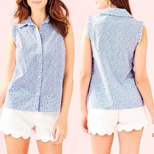 Lilly Pulitzer Lenox Striped Floral Eyelet Button Ruffle Top Blouse Blue White 8